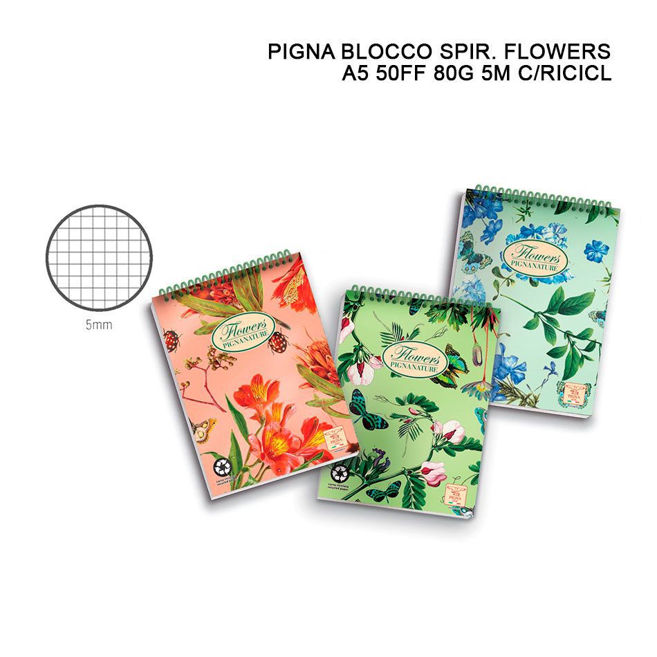 PIGNA FLOWERS BLOCCO SPIR. A5 50FF 80G 5M C/RICICL